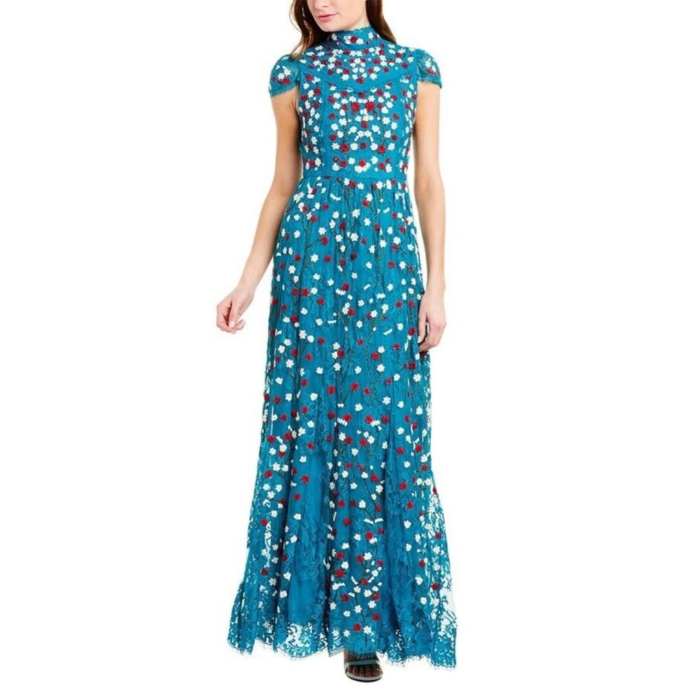 Alice + Olivia Nylon Arwen Embroidered Godet Gown Blue Green Women's Size 4